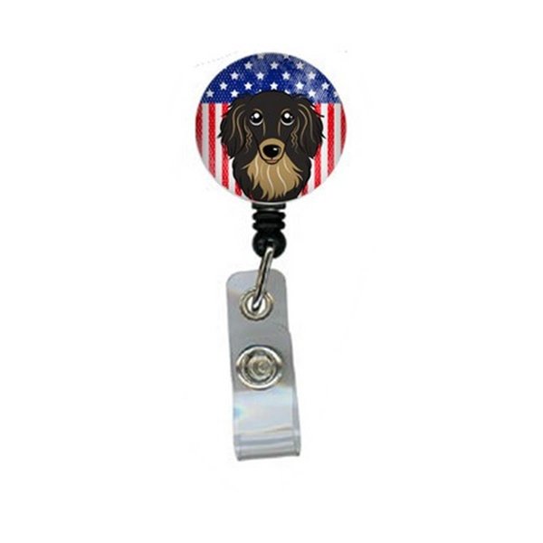 Teachers Aid American Flag & Longhair Black & Tan Dachshund Retractable Badge Reel TE889364